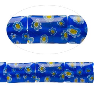 Bead, millefiori glass, translucent cobalt blue and multicolored, 14x10mm puffed rectangle. Sold per 15-inch strand, approximately 25 beads.
