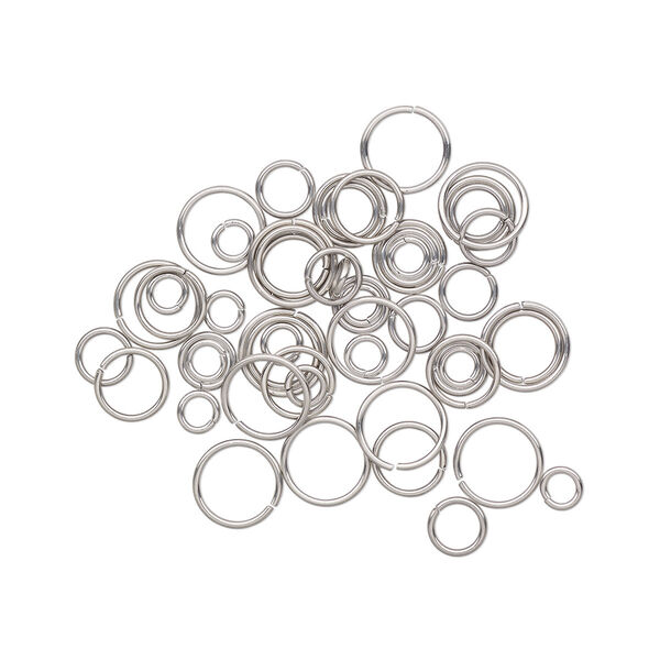 Jump ring mix, stainless steel, 6-12mm round, 3.8-10.2mm inside diameter, 18 gauge. Sold per pkg of 50. image number 0