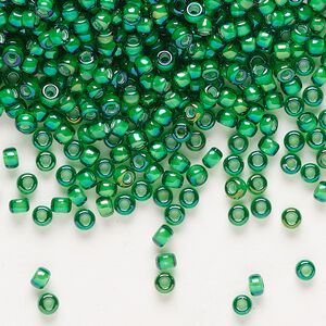 Seed bead, Miyuki, glass, pkg/50g, #8 rocaille, translucent white-lined luster green, (RR-3763).