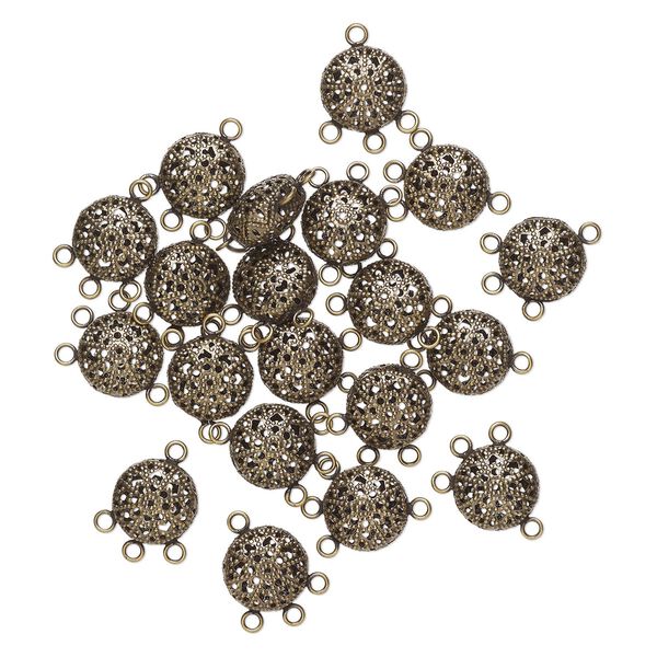 Connector, antique brass-finished brass, 15mm puffed flat round filigree drop with 1 top / 3 bottom loops. Sold per pkg of 20. image number 0