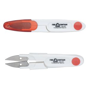 Scissors, thread snip, plastic and steel, red and white, 4-1/2 x 3/4 inches with FMG logo and cover. Sold individually.