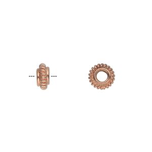 Bead, copper, 7x4mm corrugated rondelle. Sold per pkg of 20.