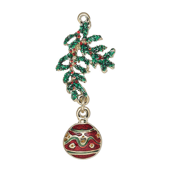 Charm, enamel and gold-finished "pewter" (zinc-based alloy), green and red with green-colored glitter, 35x15mm single-sided ornament and leaves. Sold individually. image number 0