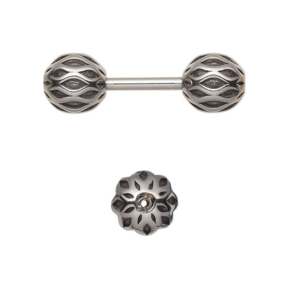 Bead, antiqued stainless steel, 30x9mm round dumbbell. Sold individually. image number 0