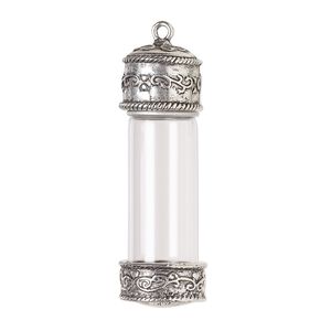 Focal, antique silver-finished "pewter" (zinc-based alloy) and glass, clear, 59.5x20.5mm bottle with twist off top and vine design. Sold individually.