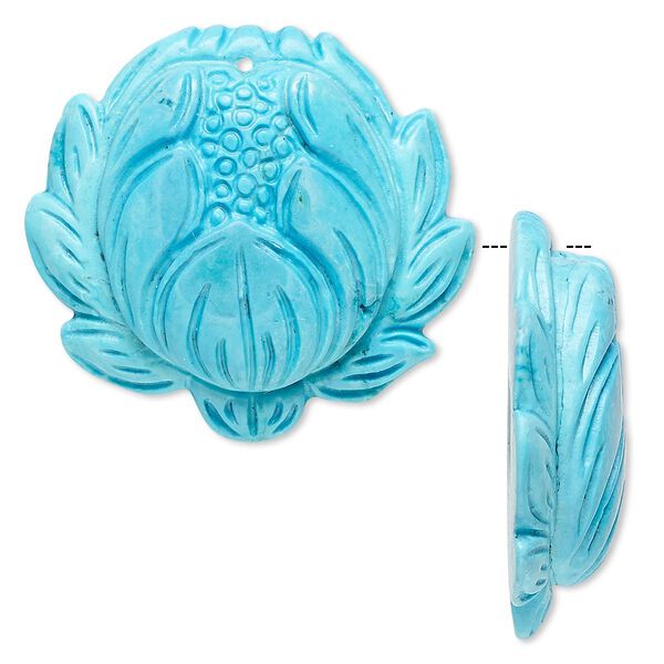 Focal, magnesite (dyed / stabilized), blue, 38x34mm hand-carved lotus flower, B grade, Mohs hardness 3-1/2 to 4. Sold individually. image number 0