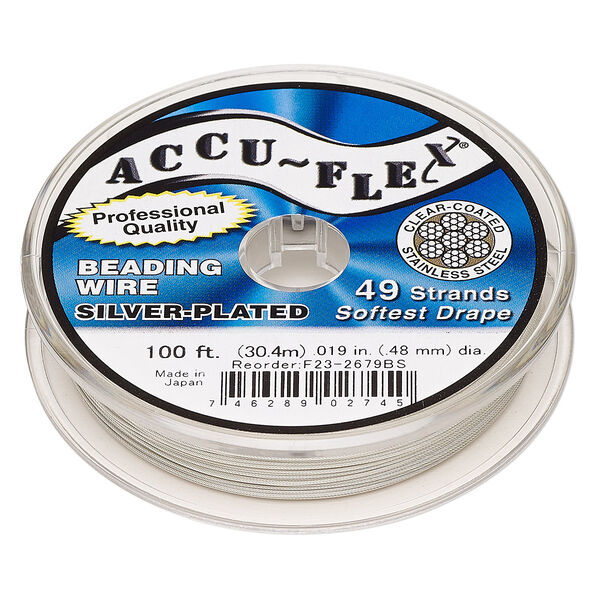 Beading wire, Accu-Flex®, nylon and silver-plated stainless steel, clear, 49 strand, 0.019-inch diameter. Sold per 100-foot spool. image number 0