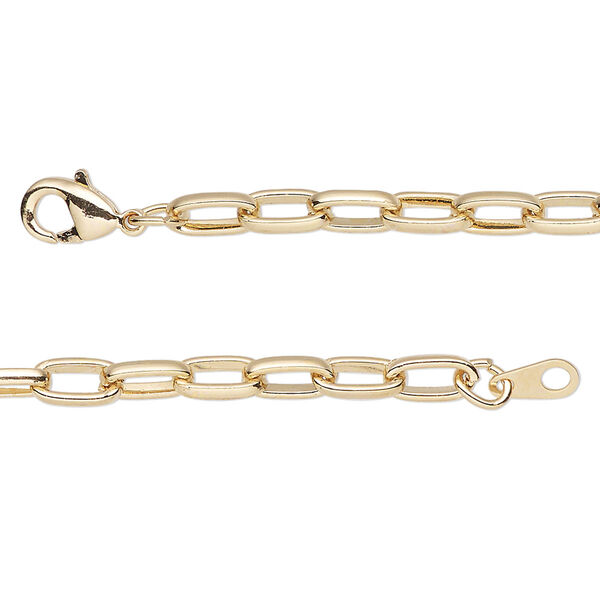 Chain, gold-finished steel, 4mm paperclip, 24 inches with lobster claw clasp. Sold individually. image number 0