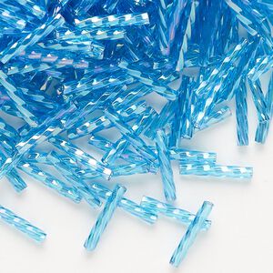 Bugle bead, Dyna-Mites™, glass, translucent rainbow aqua, 12mm twisted. Sold per 1/2 kilogram pkg.