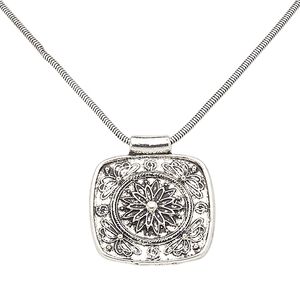 Necklace, antique silver-plated brass / steel / "pewter" (zinc-based alloy), 35x35mm square with flower design, 16 inches with 3-inch extender chain and lobster claw clasp. Sold individually.