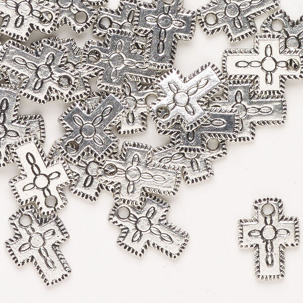 Drop, antique silver-finished "pewter" (zinc-based alloy), 12x9mm-12x10mm double-sided textured flat cross. Sold per pkg of 50. image number 0