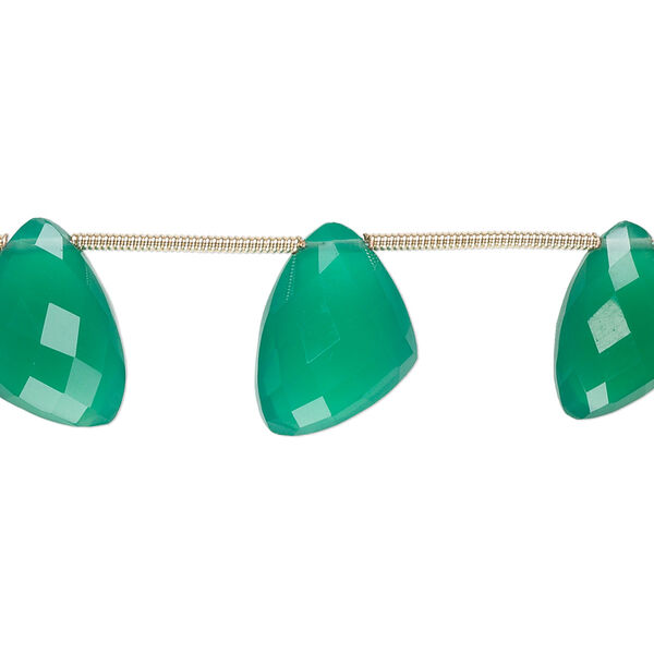 Bead, green onyx (dyed), 12x9x9mm-15x12x12mm graduated hand-cut top-drilled faceted irregular triangle, B+ grade, Mohs hardness 6-1/2 to 7. Sold per pkg of 6 beads. image number 0