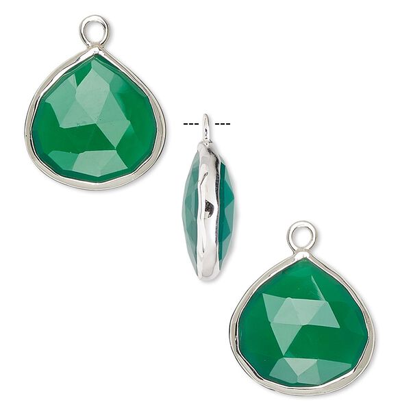 Drop, green onyx (dyed) and sterling silver, 15x15mm double-sided faceted teardrop. Sold per pkg of 2. image number 0