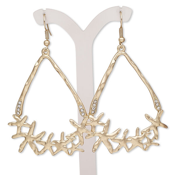 Earring, glass rhinestone with gold-finished brass and "pewter" (zinc-based alloy), clear, 2-3/4 inches with open triangle and fishhook ear wire. Sold per pair. image number 0