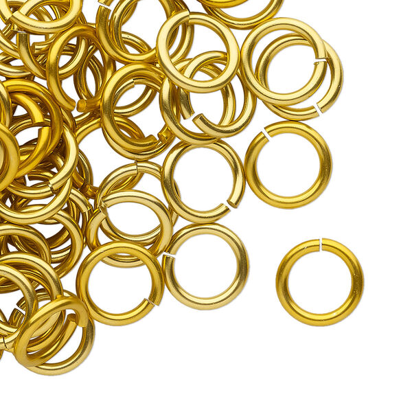 Jump ring, anodized tempered aluminum, gold, 10mm round, 7.2mm inside diameter, 15 gauge. Sold per pkg of 100. image number 0