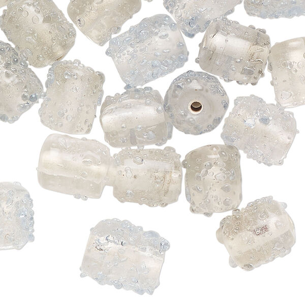 Bead mix, lampworked glass, translucent clear and pale blue, 10x8mm textured round tube. Sold per pkg of 40 beads. image number 0