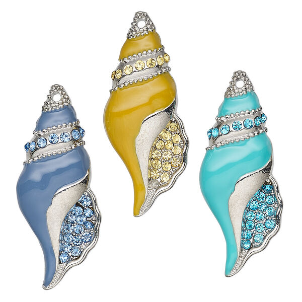 Focal, Charmed, glass rhinestone / enamel / imitation rhodium-finished "pewter" (zinc-based alloy), blue / yellow / turquoise blue, 43x17mm single-sided shell. Sold per 3-piece set. image number 0