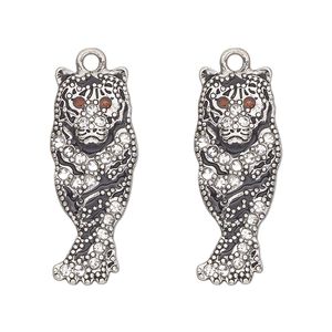 Charm, antique silver-finished "pewter" (zinc-based alloy), enamel and glass, clear / black / topaz, 29x12mm single-sided tiger. Sold per pkg of 2.
