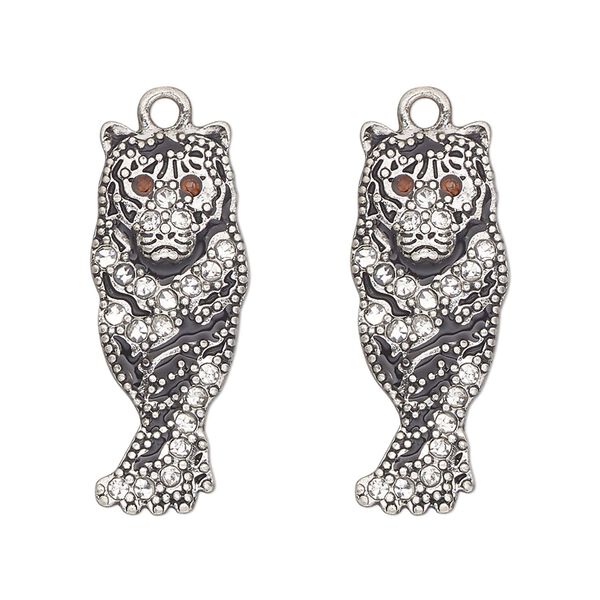 Charm, antique silver-finished "pewter" (zinc-based alloy), enamel and glass, clear / black / topaz, 29x12mm single-sided tiger. Sold per pkg of 2. image number 0