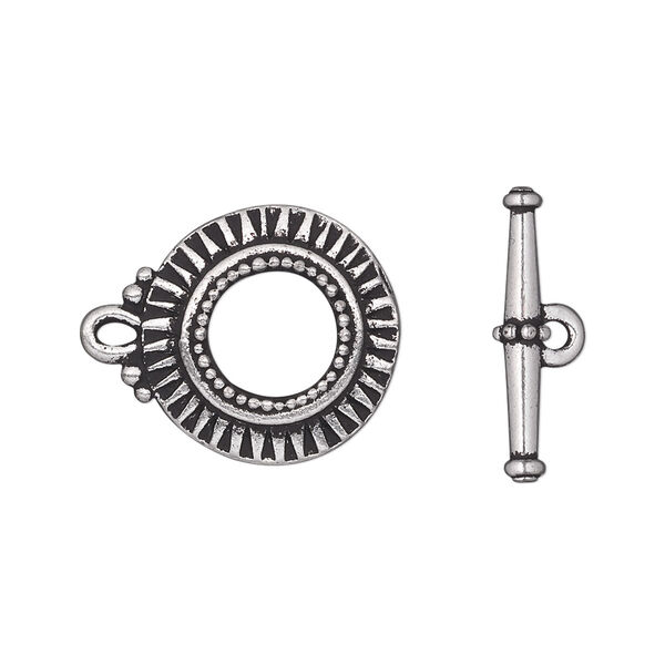 Clasp, TierraCast®, toggle, antique silver-plated pewter (tin-based alloy), 17.5mm round with sunburst design. Sold individually. image number 0