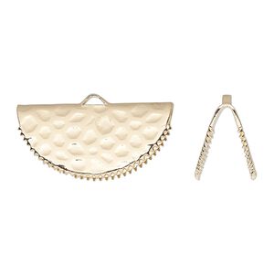 Ribbon crimp end, gold-finished brass, 25x12mm hammered fan. Sold per pkg of 10.