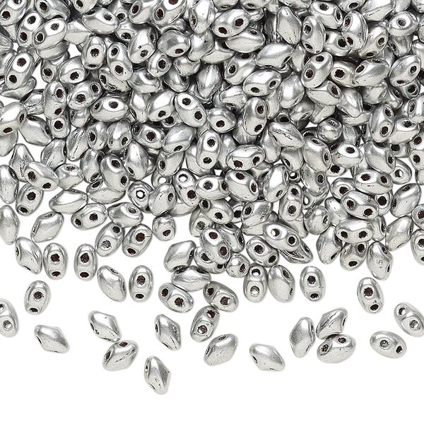 Bead, Preciosa Mini Twin™, Mini Pressed Twin, Czech pressed glass, opaque silver, 4x2.5mm oval with (2) 0.7mm holes. Sold per 250-gram pkg. image number 0