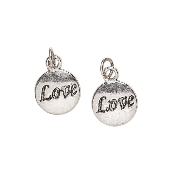 Drop, "pewter" (zinc-based alloy) and steel, pkg/2, 12mm round with "Love," antique silver finish. image number 0