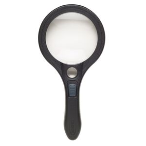 Magnifier, Carson®, Lumé Series™, glass, acrylic and plastic, black and clear, 9x4-1/2 inches with 3-1/2 inch 2.5x magnifying lens and 3/4 inch 7x magnifying lens. Sold individually.