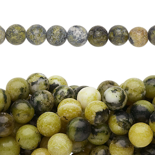 Bead, yellow "turquoise" (serpentine and quartz) (natural), 6mm round, C grade, Mohs hardness 2-1/2 to 6. Sold per pkg of (10) 15-1/2" to 16" strands. image number 0