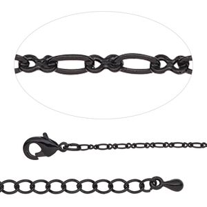 Chain 1pkg1 figure 8, 1.7mm / lobster claw clasp, black-finished steel / brass 7.5 inch