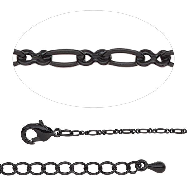 Chain, black-finished steel and brass, 1.7mm figure 8, 7-1/2 inches with 2-inch extender chain and lobster claw clasp. Sold individually. image number 0