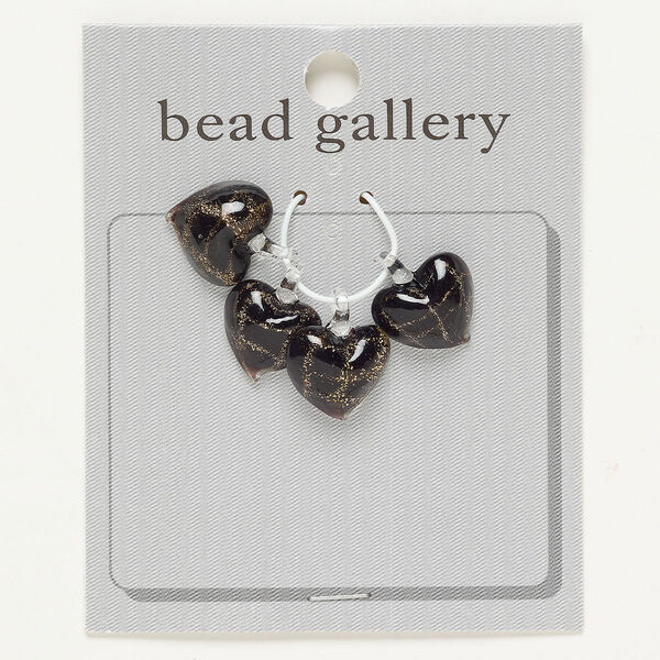 Drop lampworked glass 4pk 18x13mm-18x14mm puffed flat back heart, opaque black copper-colored glitter clear image number 0