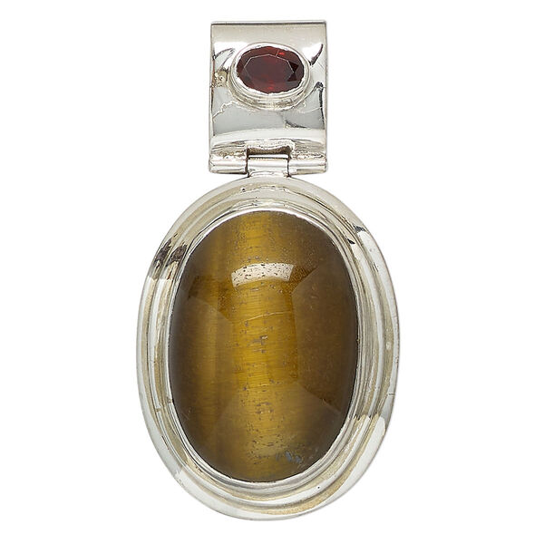 Pendant, tigereye (natural) / garnet (natural) / sterling silver, 46x24mm-50x27mm oval. Sold individually. image number 0