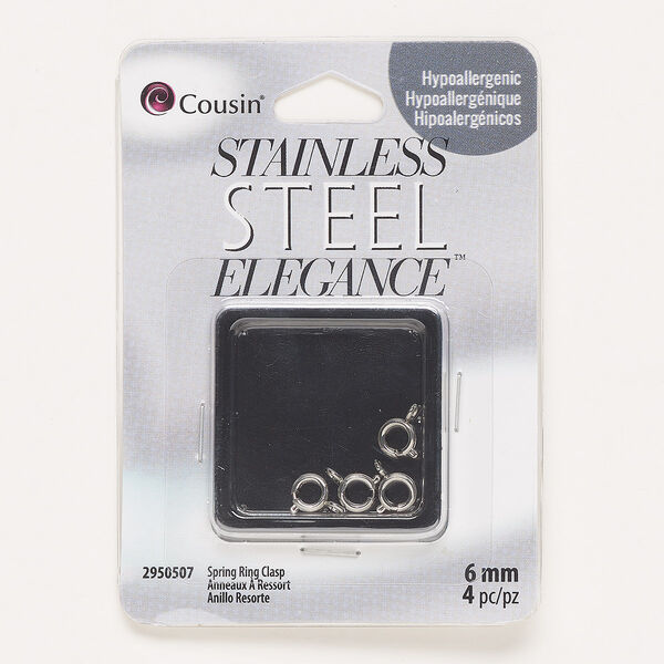 Clasp, springring, stainless steel, 6mm. Sold per pkg of 4. image number 0