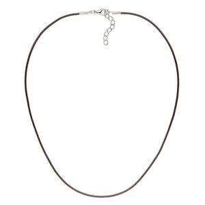 Necklace cord, waxed cotton cord with imitation rhodium-finished steel and "pewter" (zinc-based alloy), brown, 1.5mm round, 24 inches with 1-1/2 inch extender chain and lobster claw clasp. Sold per pkg of 4.
