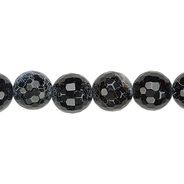 Bead, black crackle agate (dyed / heated), 9-11mm faceted round, C grade, Mohs hardness 6-1/2 to 7. Sold per 15-inch strand. image number 0