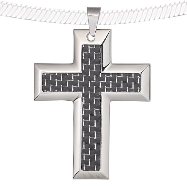 Pendant, acrylic and stainless steel, black, 55x43mm single-sided cross with weave design. Sold individually. image number 0
