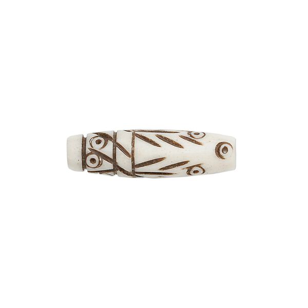 Bead, bone (dyed), antiqued brown, 24x6mm-24x8mm hand-cut carved hairpipe with lines and dots design, Mohs hardness 2-1/2. Sold per pkg of 20. image number 0