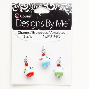 Charm 1pkg3, silver-finished steel / lampworked glass / glass, multicolored, 22x11mm-23x13mm cupcake.