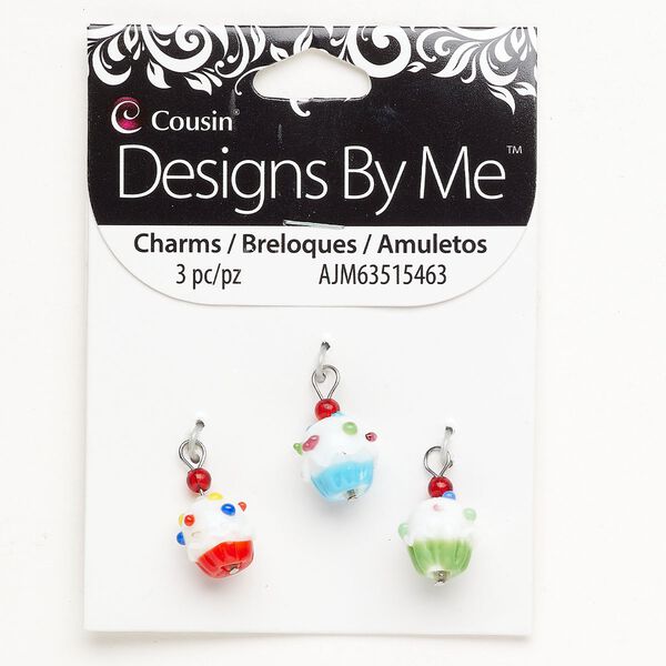 Charm 1pkg3, silver-finished steel / lampworked glass / glass, multicolored, 22x11mm-23x13mm cupcake. image number 0