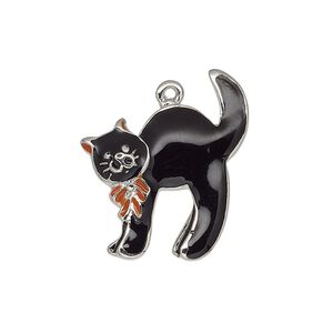 Charm, enamel and silver-plated "pewter" (zinc-based alloy), black and orange, 25x23mm single-sided cat with ribbon. Sold individually.