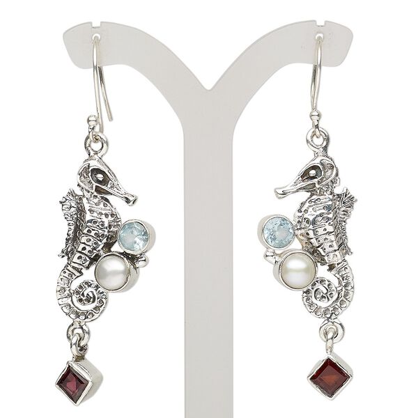 Earring, sky blue topaz / garnet (irradiated) / cultured freshwater pearl (bleached) / antiqued sterling silver, 2-1/4 inches with seahorse and fishhook ear wire, 21 gauge. Sold per pair. image number 0