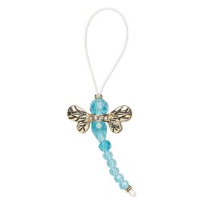 Bead, glass / glass rhinestone / antique gold-finished "pewter" (zinc-based alloy), transparent clear and aqua blue, 32x22mm dragonfly. Sold per pkg of 2.