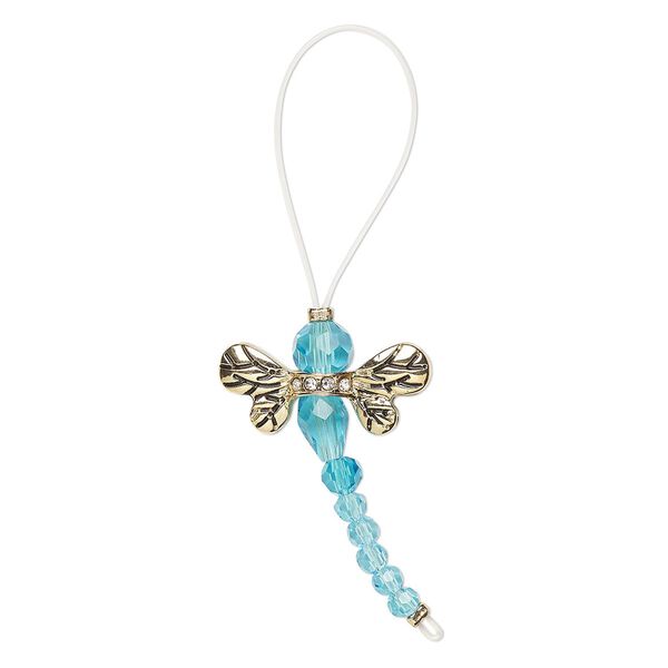 Bead, glass / glass rhinestone / antique gold-finished "pewter" (zinc-based alloy), transparent clear and aqua blue, 32x22mm dragonfly. Sold per pkg of 2. image number 0
