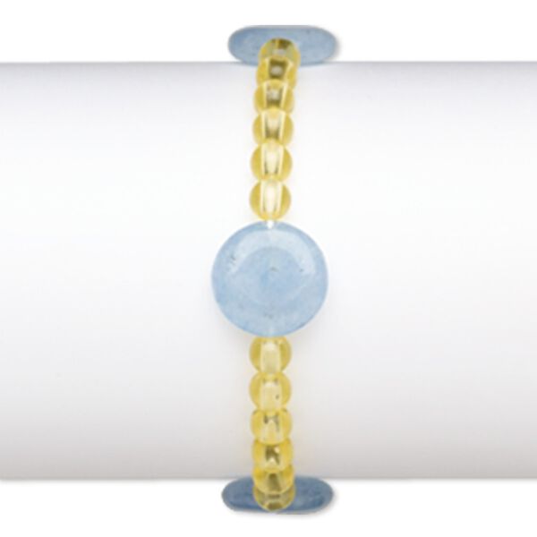 Bracelet, stretch, quartz (dyed) and acrylic, yellow and blue, 5mm round and 16mm puffed flat round, 7 inches. Sold individually. image number 0