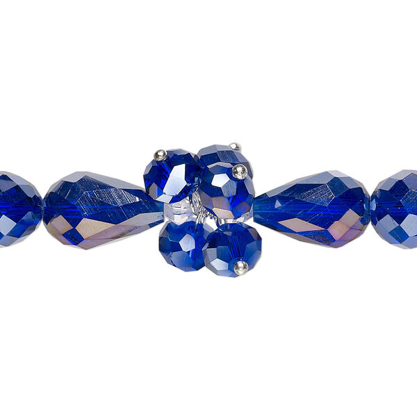 Bead, glass and silver-finished brass, translucent metallic dark blue AB and clear AB, 4mm faceted bicone / 8x6mm faceted rondelle / 15x10mm faceted teardrop. Sold per 8-inch strand. image number 0