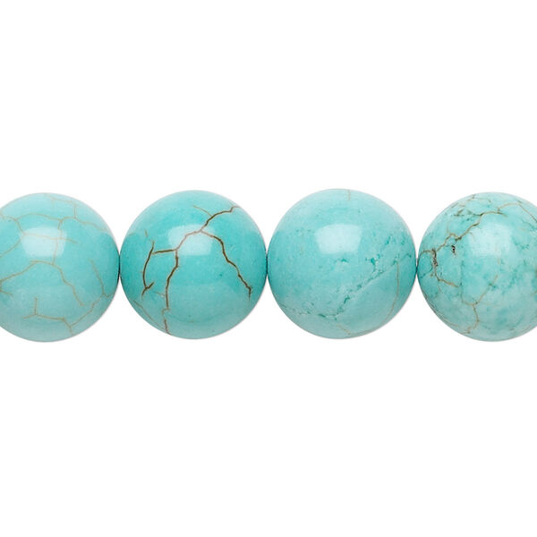 Bead, magnesite (dyed / stabilized), turquoise blue, 12mm round, B grade, Mohs hardness 3-1/2 to 4. Sold per 15-1/2" to 16" strand. image number 0