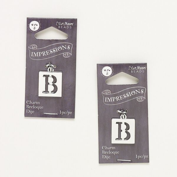 Drop, silver-finished "pewter" (zinc-based alloy) and steel, 16x15mm flat square with cutout alphabet letter "B." Sold per pkg of 2. image number 0
