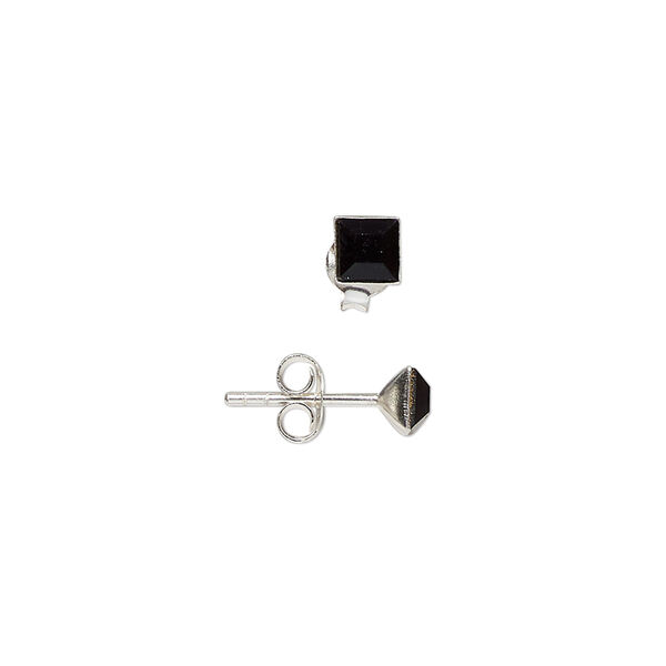 Ear stud, sterling silver and glass, jet, 4mm square. Sold per pair. image number 0