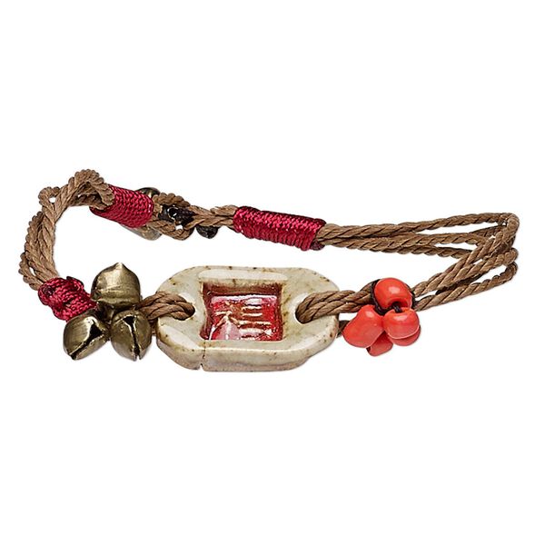 Bracelet, porcelain / waxed cotton cord / antique brass-finished steel, multicolored, 12mm wide with 30x12mm rounded rectangle with Chinese character for "blessing," 7 inches with button clasp. Sold individually. image number 0